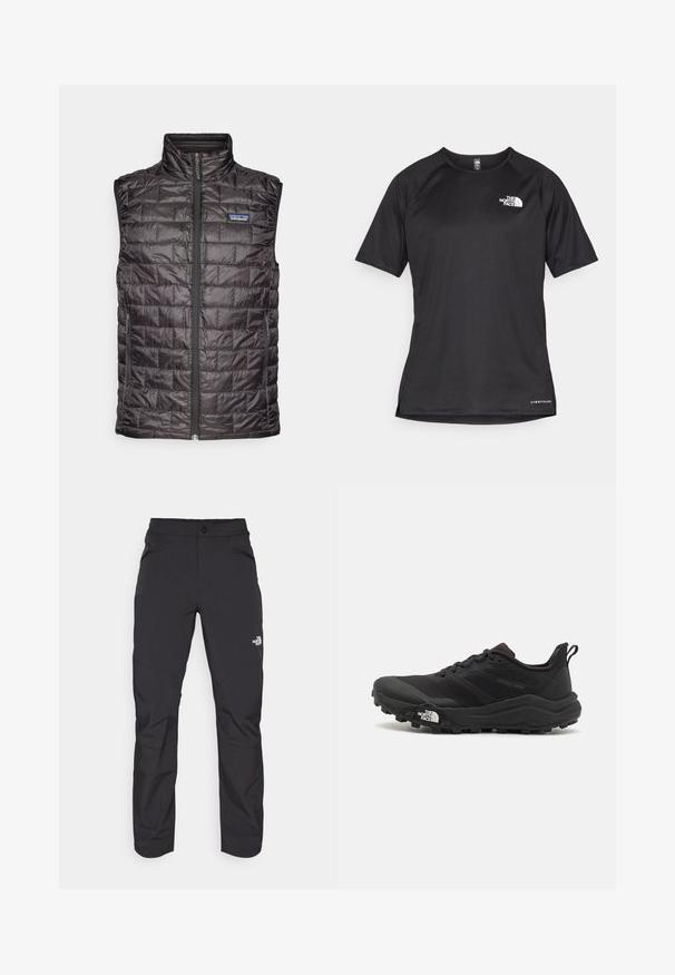 Crni podstavljeni prsluk s visokim ovratnikom, obrisanim šavovima, prednjim zatvaračem i bočnim džepovima. Sadrži Patagonia logotip na prsima.; Crna kratkotrajna atletska majica s teksturiranom tkaninom, koja ima bijeli logo na lijevom prsnom dijelu i ravni rub.; Crne hlače za vanjsko nošenje s patentnim zatvaračem na prednjem džepu, sintetički materijal, sužavajuće nogavice i ojačane koljenice. Sadrži zatvaranje na gumb.; Crne trail trkačke cipele s teksturiranim gornjim dijelom, gumeni potplat i ojačana zaštita za prste. Imaju podstavljen ovratnik i trakicu za lakše obuvanje.