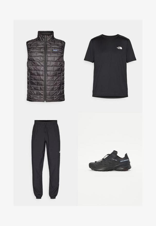 Colete acolchoado preto com gola alta, costura contornada, fecho na frente com zíper e bolsos laterais. Apresenta o logótipo da Patagonia no peito.; T-shirt preto de manga curta feito de um tecido leve. Apresenta um pequeno logo branco ao lado esquerdo do peito e detalhes subtis nos ombros.; Calças atléticas pretas feitas de tecido leve, com um cós ajustável por cordão, bolsos laterais e punhos afunilados nos tornozelos.; Sapatilha de trail running preta com um upper texturizado, atacadores elásticos e sola Contagrip. Apresenta um ajuste confortável e uma biqueira protetora.