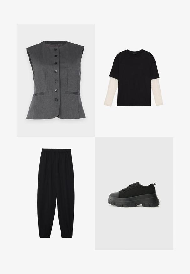 Sivi bezrukavnik od teksturirane tkanine, s okruglim izrezom, šest crnih dugmadi i dvije prednje džepove s obrubom.; Crni majica od pamuka, s kratkim rukavima preko bijele dugorukave slojevite s suptilnim teksturiranim uzorkom. Dizajn s okruglim izrezom.; Crne, lagane hlače s elastičnom stražnjom pasicom i naboranim gležnjevima. Tkanina je glatka i ima opušteni, suženi dizajn.; Crne tenisice s debelim gumenenim potplatom, teksturiranim gornjim dijelom od tkanine, okruglim vrhom i dizajnom s vezicama. Imaju pojačane rupice za vezice i dodatak za povlačenje straga.
