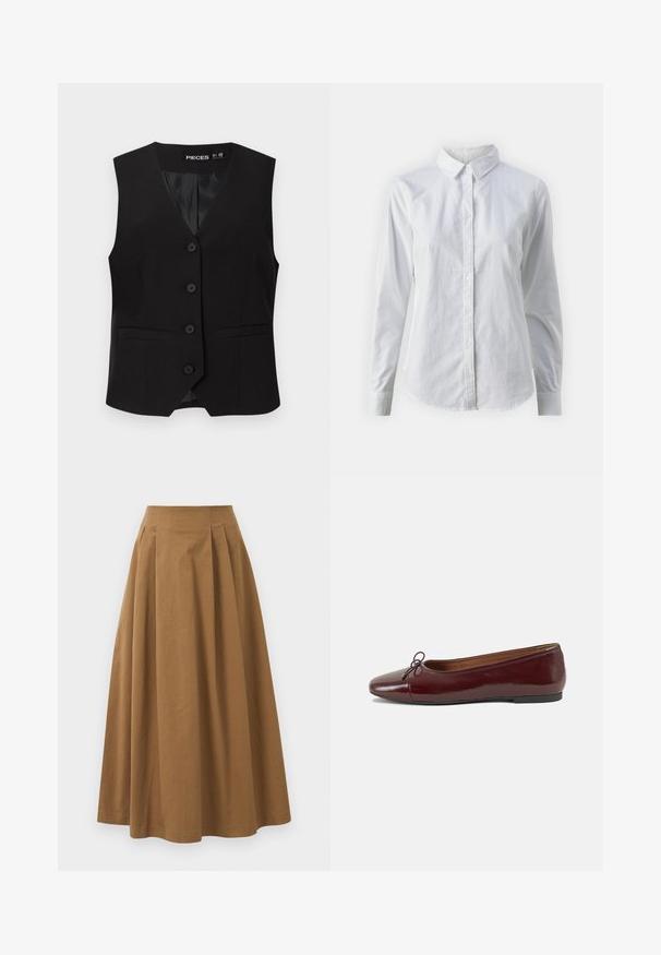 Colete preto sem mangas com decote em V, cinco botões na frente e dois bolsos laterais. Feito de um tecido liso e estruturado.; Camisa branca de botão feita de algodão suave, com colarinho clássico, mangas longas e bainha curva. Os botões são pequenos e brancos.; Saia A-line de algodão castanho com cintura alta, apresentando pregas na parte da frente e uma textura suave. As bordas da bainha são limpas e simples.; Bailarinas em couro sintético borgonha com bico redondo, pequeno laço na frente e sola baixa em borracha preta. Textura suave.