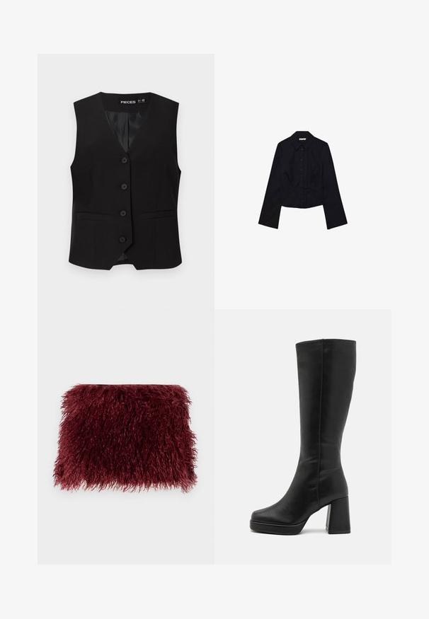 Svart ärmlös väst med v-ringning, fem knappar framtill och två sidofickor. Tillverkad av ett slätt, strukturerat tyg.; Svart kortärmad skjorta med lång ärm, krage och knäppning framtill. Tillverkad av slät tyg, med en figurnära design och minimal detaljer.; Bordeauxfärgad foder med en texturerad, ruggig yta och rektangulär form, med mjuka, långa fibrer överallt.; Anna Field Högklackad stövel - black