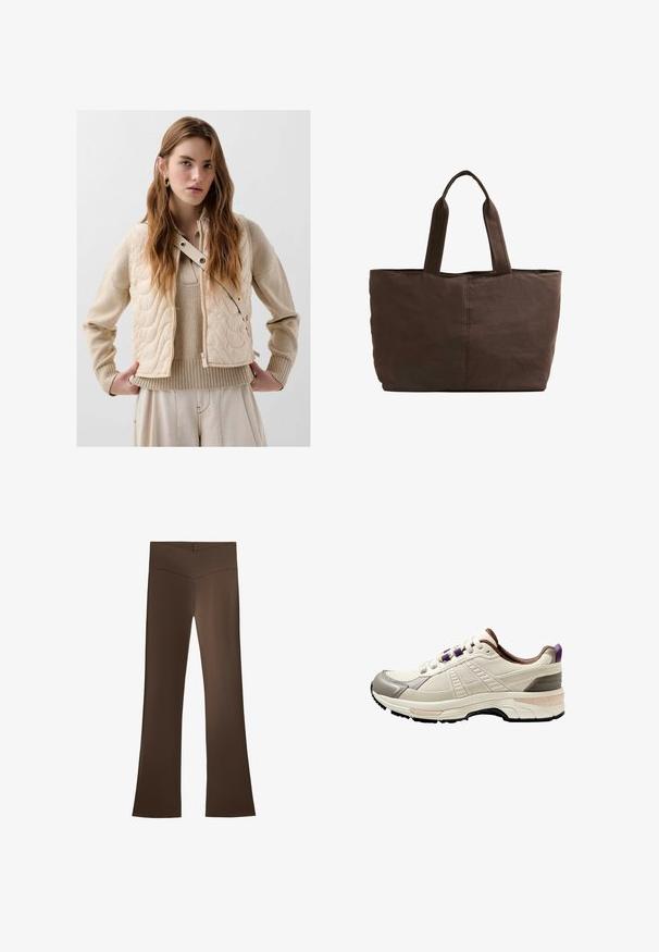 Beige gepolsterte Weste mit gestepptem Muster, ausgestattet mit einem seitlichen Reißverschluss, Druckknöpfen und einem hohen Kragen. Darunter wird ein gestrickter beiger Pullover getragen.; Brauner gerippter Strickpullover mit Rundhalsausschnitt und Raglanärmeln. Besitzt eine cropped Länge und strukturierte Stoffqualität. Keine sichtbaren Verschlüsse.; Braune Schlaghosen mit hohem Bündchen und einem Kreuzdesign. Hergestellt aus einem glatten, elastischen Material für Komfort und Passform.; Hellbeige Sportschuh mit dunkelgrauen Akzenten, strukturiertem Mesh-Obermaterial, lila Schnürdetails und einer mehrschichtigen Sohle.; Braune Stofftragetasche mit zwei stabilen Griffen, rechteckiger Form, minimalen Nähten und glatter Textur.