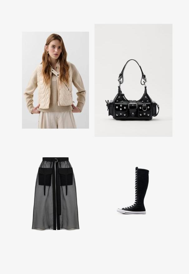 Gilet beiges matelassé avec une texture rembourrée, présentant une fermeture éclair sur le côté, des boutons pression et un col haut. Un pull en maille beige est porté en dessous.; Crop top noir à manches longues, présentant un col haut, un panneau en mesh transparent à la taille et des coutures structurées pour un design ajusté.; Jupe noire transparente avec une taille froncée, dotée de deux grandes poches avant, d'une ceinture à nouer et d'un accent en métal circulaire.; Baskets montantes noires avec un design haut, réalisées en toile. Elles présentent des lacets blancs, des coutures et une semelle en caoutchouc avec un capuchon au niveau des orteils.; Sac à main en cuir noir au design courbé, avec des clous en argent, une boucle et deux poches latérales. Bandoulière réglable pour différentes options de transport.