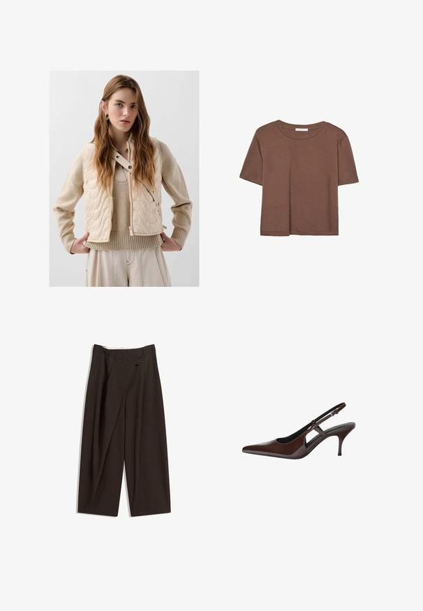 Gilet beige imbottito con una texture trapuntata, dotato di una cerniera laterale, bottoni a pressione e un colletto alto. Sotto è indossato un maglione beige in maglia.; Maglietta a maniche corte marrone realizzata in tessuto morbido, con scollatura rotonda e vestibilità rilassata. Nessun motivo o dettaglio visibile.; Pantaloni a gamba larga marrone scuro con vita alta, dotati di una chiusura con bottone singolo e una parte anteriore plissettata. Realizzati in tessuto leggero.; Pompa slingback in pelle lucida marrone con punta affusolata, tagli aperti e tacco sottile. Presenta una fascetta con fibbia regolabile.