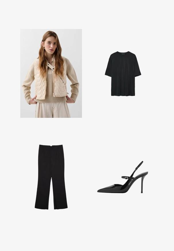 Beżowa kamizelka z wypełnieniem o pikowanym wzorze, z bocznym zamkiem błyskawicznym, napami i wysokim kołnierzem. Pod spodem założony jest beżowy sweter z dzianiny.; Czarny krótki rękaw t-shirt wykonany z miękkiego materiału, z okrągłym dekoltem i luźnym krojem, bez widocznych wzorów lub akcentów.; Czarne spodnie o prostym kroju, z przednimi kieszeniami i bocznymi rozcięciami na dole. Wykonane z miękkiego, gładkiego materiału. Odpowiednie na różne okazje.; Czarne lakierowane szpilki slingback z ostrym noskiem, regulowanym paskiem i obcasem w kształcie stiletto. Gładka powierzchnia o błyszczącym wykończeniu.
