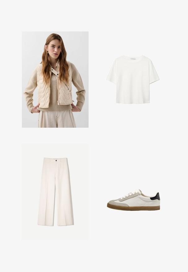 Beige gewatteerd vest met een doorstikte textuur, voorzien van een zijrits, drukknoopsluiting en een hoge kraag. Onder het vest wordt een gebreide beige trui gedragen.; Witte korte mouwen t-shirt van katoen. Heeft een ronde halslijn en een ontspannen pasvorm. Glad textuur zonder zichtbare patronen of accenten.; Crème brede broek met een tailored ontwerp, voorzien van twee voorzakken en een enkele sluiting met een knop aan de voorkant, gemaakt van een gladde stof.; Witte sneaker met grijze suèdelelementen, zwarte hielstrip, platte vetersluiting en een gestructureerde bruine rubberen zool. Klassiek laagontwerp.