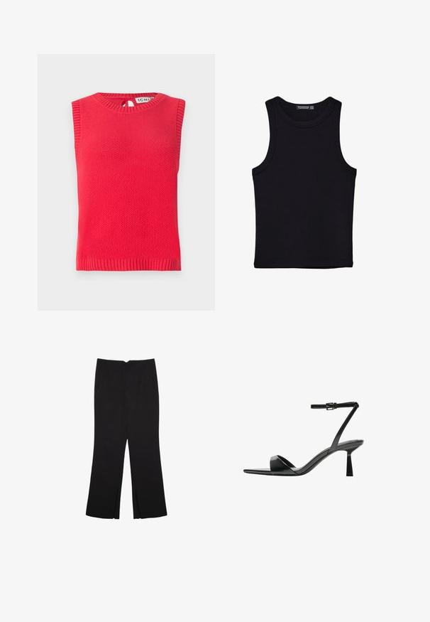 Punainen ilman hihoja neulepaita, jossa on teksturoitu kuvio, pyöreä kaula-aukko ja takana avainaukkotieto. Ribbireunus helmoissa ja käsivarsissa.; Musta hihaton paita, joka on valmistettu puuvillasta, ja jossa on pyöreä kaula-aukko sekä leveät kainaloaukot. Silkkinen pinta ja ommellut reunat. Klassinen, minimalistinen muotoilu.; Mustat housut suoralinjaisella leikkauksella, joissa on etutaskut ja sivurei'ät helman alla. Valmistettu pehmeästä ja sileästä kankaasta. Sopii eri tilaisuuksiin.; Bershka Korolliset sandaalit - black