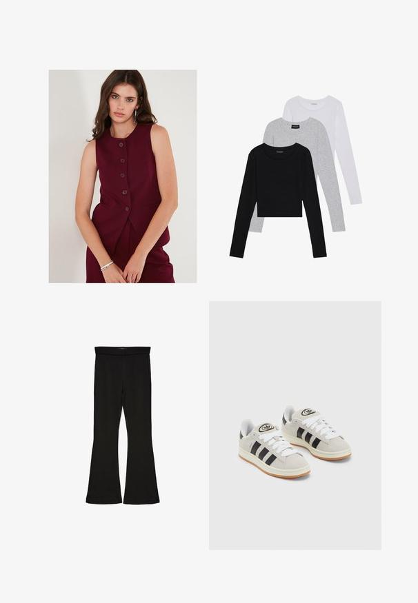 Burgunderfärgad ärmlös väst med en figursydd design, fem bruna knappar och två framfickor, tillverkad av ett slätt tyg.; Tre långärmade tröjor staplade: svart, grå och vit. Var och en har en rund halsringning och en kort design med mjukt, lätt material.; Svarta flare leggings tillverkade av elastisk tyg. Har en bred midja och en slät yta, med en åtsittande silhuett som flares vid fållen.; Grå mocka sneakers med vita snören, svarta ränder och en vit gummisula. Har en rund logo på tungan och en gummisula.