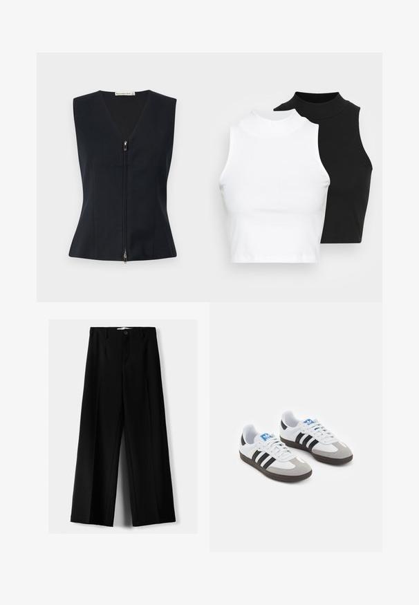 Černý bezrukávový top s výstřihem do V, přiléhavým střihem, předním zipem a hladkým, strukturovaným materiálem.; Dvě bezrukávové halenky s ribovým stojáčkem v černé a bílé barvě, které mají přiléhavý střih a hladkou texturu, s krácenou délkou.; Černé široké kalhoty z lehkého materiálu s předním zapínáním na knoflík a hladkým předním dílem, s pečlivě přišitými lemy.; Sportovní boty s bílým koženým svrškem, šedou semišovou špičkou a třemi černými pruhy. Obsahují modré logo na jazyku a texturovanou gumovou podrážku.