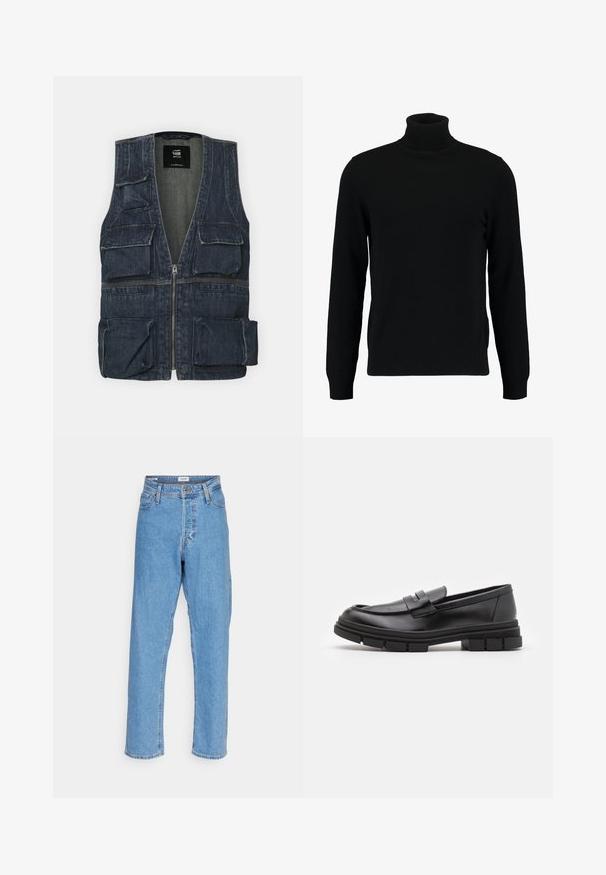 Denim mellény, amely több elülső zsebbel, cipzáras záródással és V-nyakú dizájnnal rendelkezik. Színe sötétkék, enyhe textúrával.; Fekete garbó pulóver puha kötött anyagból készült. Hosszú ujjaival, bordázott gallérral és szegéllyel rendelkezik. Egyszerű, letisztult dizájn, minták nélkül.; Világoskék, magasan ültetett, egyenes szabású farmernadrág elülső gombbal, cipzáras záródással, övhurkokkal és öt zsebes kialakítással, fehér háttérrel.; Fekete bőr loaferek sima felülettel, elülső pánt részlettel és vastag, bordázott gumitalpakkal.
