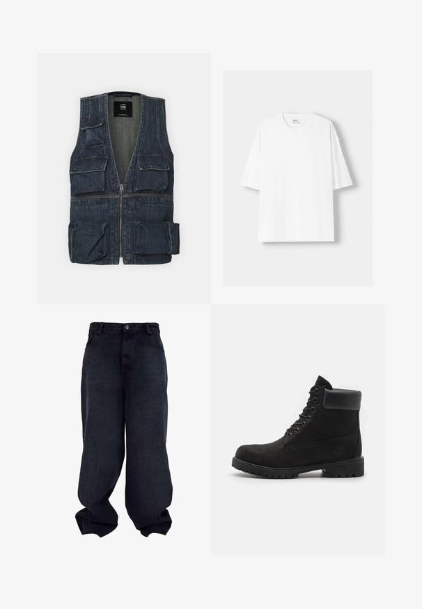 Traper prsluk s više prednjih džepova, zatvaranjem na munju i V-izrezom. Boja je tamnoplava s blagom teksturom.; Bijela kratkodlana majica s kratkim rukavima, izrađena od pamuka, s okruglim izrezom i opuštenim krojem. Gladak materijal, bez vidljivih uzoraka ili akcenta.; Crne široke traperice od denima s glatkom teksturom, dizajnom s pet džepova i zatvaranjem na dugme. Imaju opušteni kroj i sužen rub.; Crne čizme s vezicama do gležnja, s podstavljenim ovratnikom i čvrstim potplatom, prikazane u profilu na bijeloj pozadini.