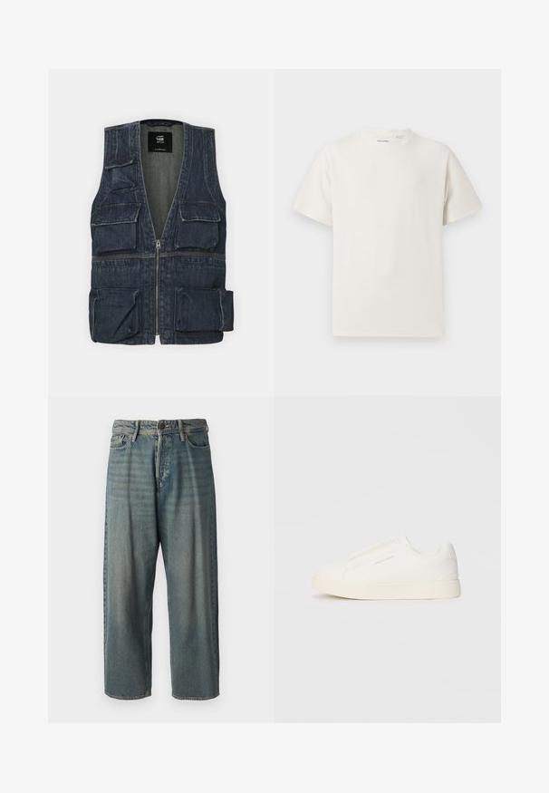 Colete de ganga com múltiplos bolsos frontais, fecho com zíper e design em V. A cor é azul escuro com uma leve textura.; T-shirt branco de manga curta em textura canelada. Gola redonda, ajuste descontraído, sem padrões ou detalhes visíveis. Design simples e versátil.; Jeans de ganga azul claro com um corte solto, cintura média e pernas retas. Apresenta cinco bolsos, passadores de cinto e fecho com botão.; Sapatilhas brancas de atacar com uma superfície texturizada, sola grossa e design minimalista. Possui o logo da marca na lateral.