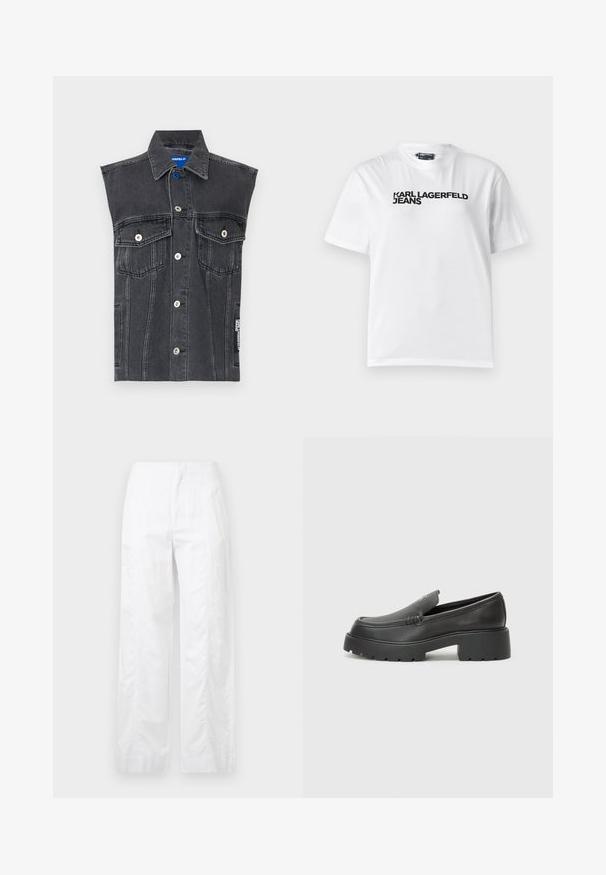 Jaqueta sem mangas em denim preto com dois bolsos no peito, botões prateados e detalhe em azul. Apresenta costura visível e um rótulo de logo na lateral.; T-shirt de algodão branco com gola redonda, mangas curtas, e texto impresso em preto a dizer "KARL LAGERFELD JEANS" no peito.; Calças brancas de perna larga feitas de um tecido leve, com uma textura suave, linhas limpas e um design de cintura alta.; Mocassins de couro preto com bico arredondado, sola espessa e texturizada, e detalhes de costura minimalistas. Design elegante sem atacadores ou ferragens visíveis.
