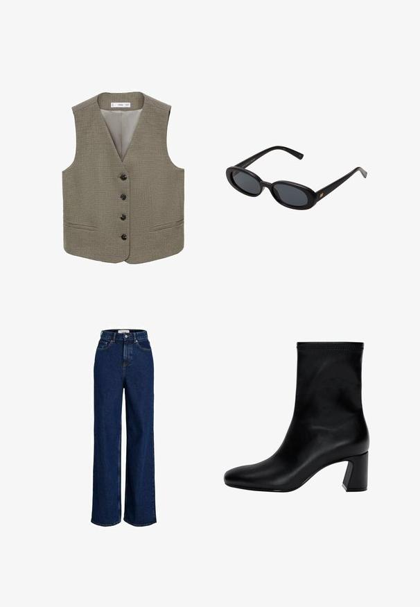 Mango Weste - khaki; Weißes T-Shirt mit kurzen Ärmeln aus Baumwolle, mit Rundhalsausschnitt und lockerer Passform, ohne sichtbare Muster oder Grafiken.; Hochgeschnittene, dunkelblaue Jeans aus Denim mit weitem Bein, Knopfverschluss vorne und fünf Taschen.; Schwarzer Knöchelstiefel aus glattem Leder. Mit quadrater Zehenpartie, elastischem Schaft und einem stabilen Blockabsatz. Minimalistisches Design.; Schwarze, oversized Sonnenbrillen mit ovalen Gläsern, glattem Kunststoffrahmen und goldenen Akzenten an den Bügeln. Die dunklen Gläser bieten Sonnenschutz.; Graue Wildleder-Tasche mit zwei dunklen Ledergriffen. Verfügt über gestickte Details an den Seiten, eine weiche Textur und eine geräumige Öffnung.