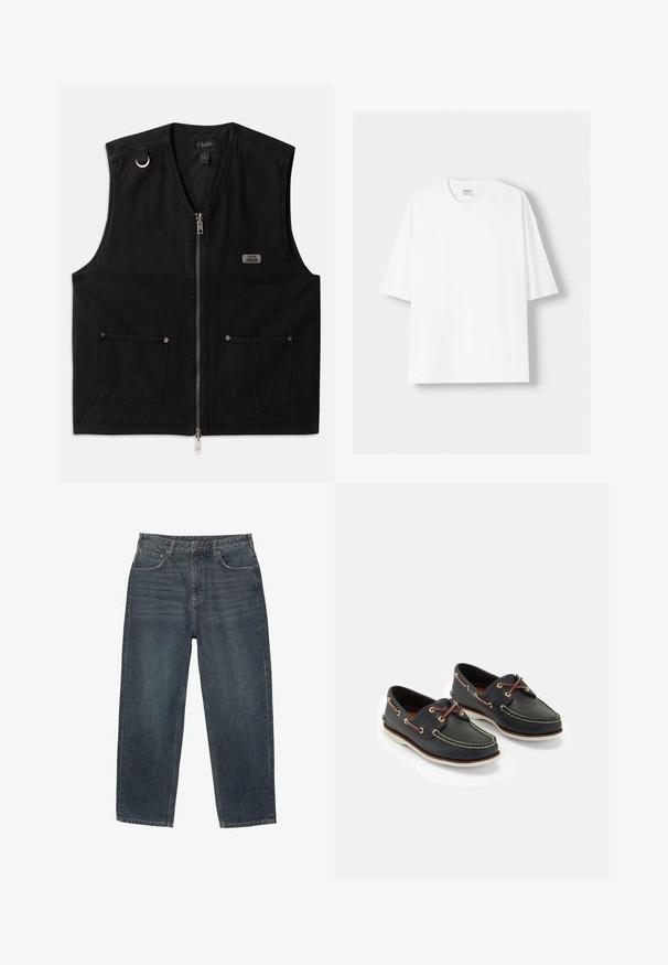 Svart ärmlös väst i denim med frontdragkedja, två framfickor och metalldetaljer. Har en varumärkesetikett på bröstet.; Vit t-shirt med kort ärm, tillverkad av bomull, med rund halsringning och en avslappnad passform. Slät yta utan synliga mönster eller detaljer.; Mörkblå denim jeans med rakt ben, fem fickor, bältesöglor och subtila blekningar på materialet. Sytt avslut.; Marina läderbåtskor med gul sömnad, röda snören och silverfärgade ögla; rund tå; vit gummisula.