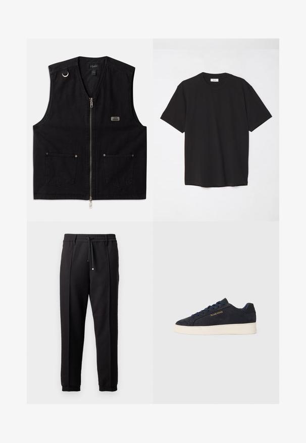 Juodas be rankovių džinsinis liemenė su priekine užtrauktuku, dviem priekinių kišenėmis ir metaliniais akcentais. Yra prekių ženklui priklausanti etiketė ant krūtinės.; Juodas medvilninis marškinėlis su apvaliu kaklu, trumpomis rankovėmis ir laisvu siluetu. Paprastas dizainas, lygus paviršius ir be matomų raštų ar logotipų.; Juodos kelnės su juosmeniu, raišteliu ir elastingais rankogaliais. Yra raukšlės ir lygus, tekstūruotas audinys.; Tamsiai mėlynos zomšos žemos batai su balta siaura, tamsiai mėlynais raišteliais ir auksiniu logotipu „Filling Pieces“ šone.