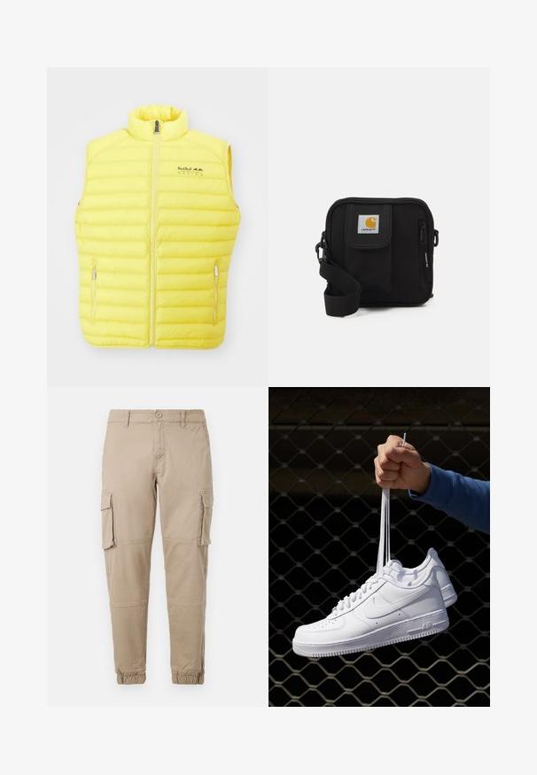 Dzeltena pūkainā veste ar augstu apkakli, ar rāvējslēdzēju un divām sānu kabatām. Dzeltenā krāsā ar Red Bull Racing logotipu kreisajā krūtī. Tekstūrēts sintētisks materiāls.; Balts īsām piedurknēm t-krekls, kas izgatavots no kokvilnas, ar apaļu kakla izgriezumu un gludu tekstūru, ar taisnu griezumu un bez rakstiem.; Bežīgas cargo bikses izgatavotas no viegla kokvilnas materiāla. Tām ir elastīgas aproces, vairākas sānu kabatas un pogu aizdare.; Baltas ādas sporta apavi ar perforācijām, apaļu purngali, plakanu zoli un biezām šņorēm, ar redzamu swoosh logo un vārdu "AIR" uz papēža.; Melna plecu soma ar rāvējslēdzēja galveno nodalījumu, priekšējo kabatu, regulējamu siksnu un redzamu logotipa tagu uz vāka.