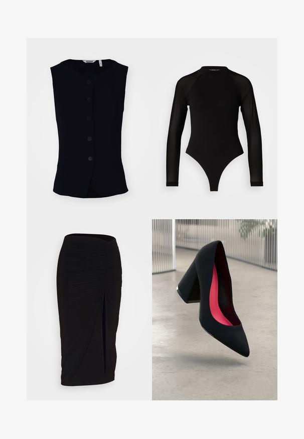 Weekday WAISTCOAT - Bodywarmer - black; Zwart langemouwen bodysuit met hoge hals, met een ondoorzichtige stof op het lichaam en transparante mouwtjes, ontworpen in een fitted model.; Zwarte, gerimpelde kokerrok met strikdetail en een zijsplit. Gemaakt van een rekbaar stof, met een soepele textuur en een aansluitend ontwerp.; Zwarte hoge hak met een spitse neus, textuur op het oppervlak en een opvallend roze interieur. Beschikt over een chunky hak met zilveren accent.