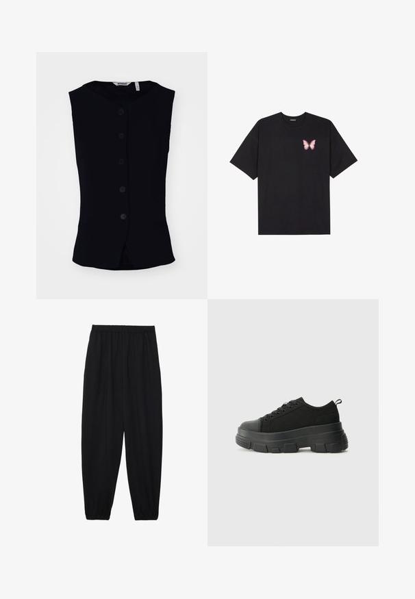 Weekday WAISTCOAT - Weste - black; Schwarzes Baumwoll-T-Shirt mit kurzen Ärmeln, das ein kleines pinkes Schmetterlingsmotiv auf der linken Brust zeigt. Crewneck-Design mit einem entspannten Schnitt.; Schwarze, leichte Hosen mit einem elastischen Bund und gerafften Knöcheln. Der Stoff ist glatt und hat ein entspanntes, schmal zulaufendes Design.; Schwarze Sneakers mit einer dicken Gummisohle, strukturiertem Obermaterial, runder Zehenpartie und Schnürdesign. Verfügt über verstärkte Ösen und eine Schlaufe an der Rückseite.