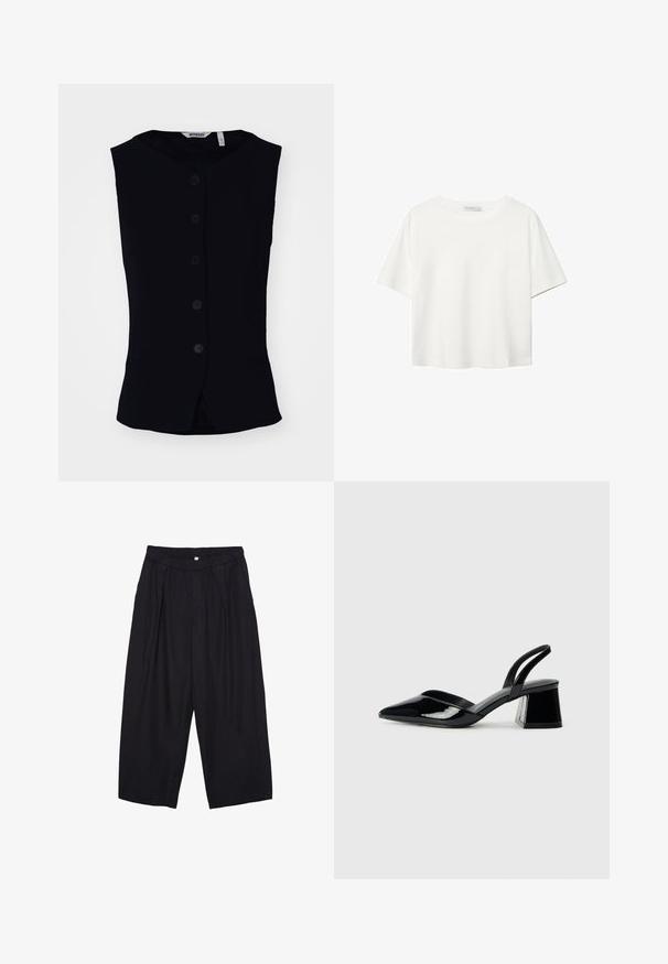 Weekday WAISTCOAT - Strukirani kaput - black; Bijela majica kratkih rukava od pamuka. Ima okrugli izrez i opušteni kroj. Glatka tekstura bez vidljivih uzoraka ili naglasaka.; Crne poliester hlače culotte s elastičnim pojasom, dva prednja nabora i širokim krojem. Nema vidljivih uzoraka ili metalnih detalja.; Crne lakirane kožne sandale s otvorenom petom i špicastim vrhom, s geometrijskom blok petom. Imaju elegantan, minimalistički dizajn i glatku teksturu.