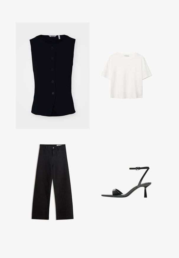 Weekday WAISTCOAT - Väst - black; Vit t-shirt med kort ärm i bomull. Har en rundad halsringning och en avslappnad passform. Slät textur utan synliga mönster eller detaljer.; Svarta vida denimbyxor med hög midja, med fram- och bakfickor, sydda sömmar och knappstängning. Slät textur.; Bershka Sandaletter - black