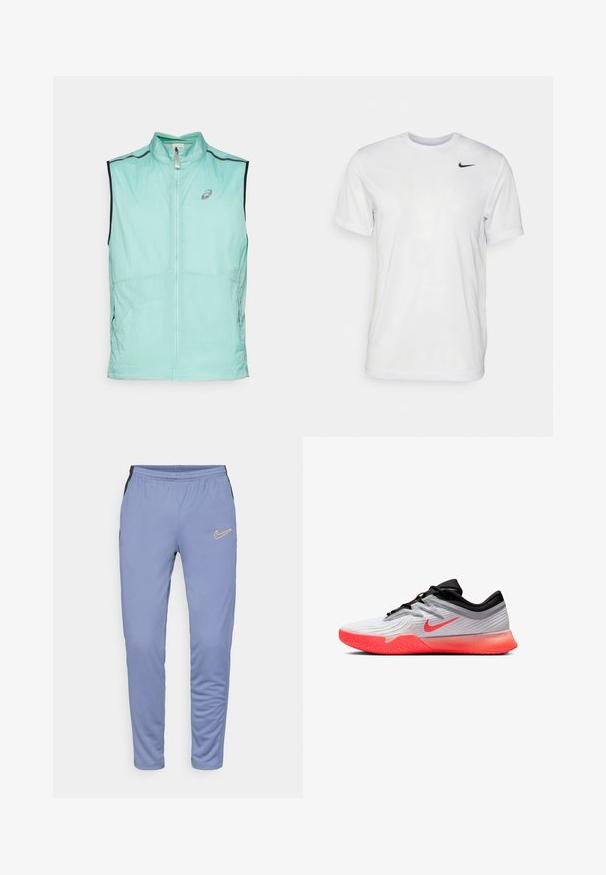 Lagani mint zeleni prsluk s visokim ovratnikom i zatvaranjem na patentni zatvarač, s kontrastnim crnim detaljima i suptilnim logotipom sprijeda.; Bijela kratkotrajna majica s kratkim rukavima izrađena od glatkog materijala. Ima okrugli izrez i mali crni Nike logo na lijevoj strani prsnog koša.; Svjetloplave atletske hlače izrađene od mekanog materijala, s crnim bočnim panelima, elastičnom strukom i žutim Nike logotipom na lijevom bedrima.; Bijela i crna sportska cipela s svijetloružičastim potplatom i Nike logotipom, niskog kroja, s teksturiranim gripom na prednjem dijelu potplata.