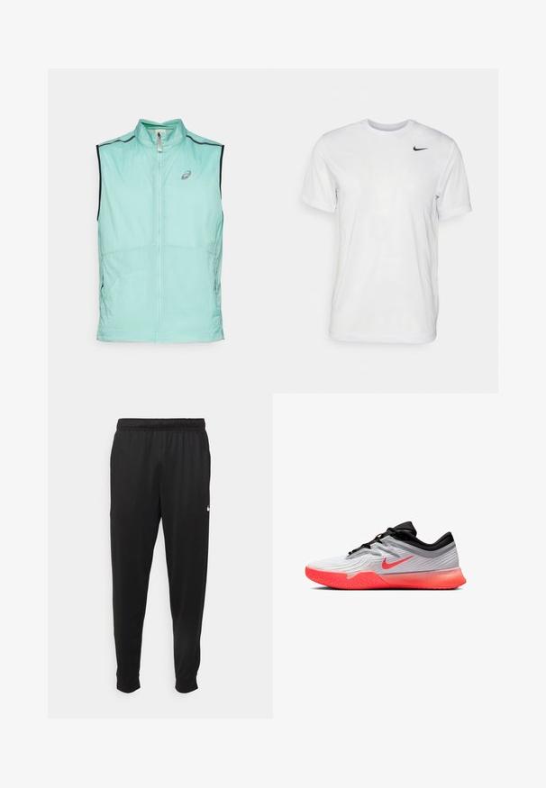 Leichte mintgrüne Weste mit hohem Kragen und Reißverschluss, versehen mit kontrastierenden schwarzen Akzenten und einem dezenten Logo auf der Vorderseite.; Weißes T-Shirt mit kurzen Ärmeln aus glattem Stoff. Verfügt über einen runden Halsauschnitt und ein kleines schwarzes Nike-Logo auf der linken Brust.; Schwarze Sporthosen aus glattem Stoff, mit einem elastischen Bund, schmal zulaufenden Beinen und einem kleinen weißen Logo auf der linken Seite.; Schwarzer und weißer Sportschuh mit leuchtend orangener Sohle und Nike-Swoosh, niedrig geschnittenes Design und strukturiertem Griff auf der Vorderseite der Außensohle.