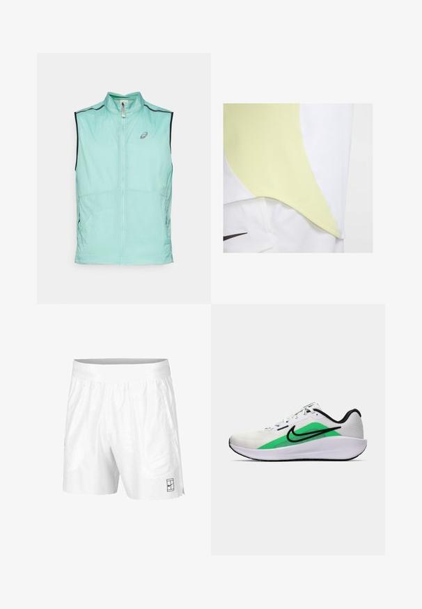 Lightweight mint green vest with a high collar and zipper closure, featuring contrasting black accents and a subtle logo on the front.; Short-sleeve athletic shirt featuring a white body with a textured light yellow curved panel, accented by a black logo on the lower front.; White athletic shorts made of lightweight fabric with an elastic waistband, featuring two side pockets and a small black logo on the hem.; White athletic shoe with a green accent, black logo, mesh upper, cushioned sole, and a rounded heel. Features laces and contrast detailing.