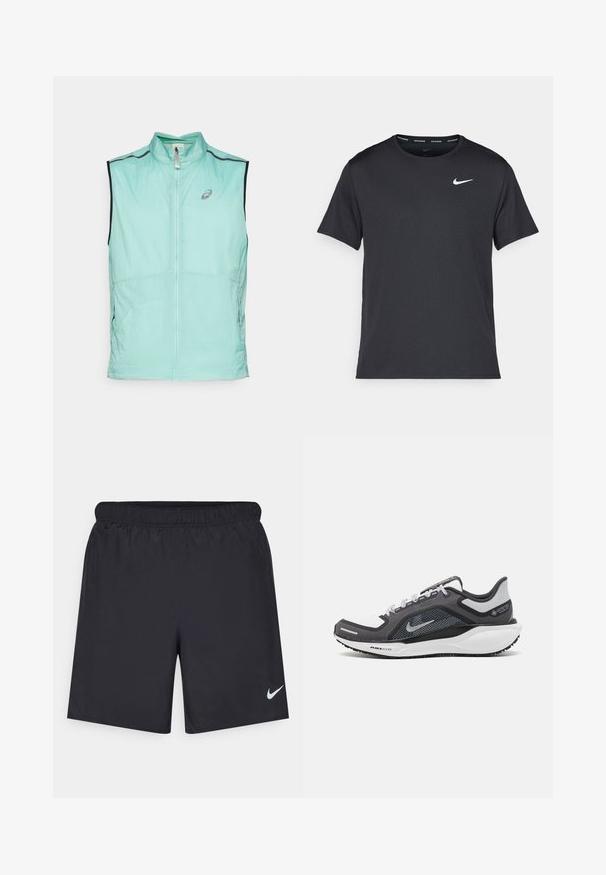 Lahka mint zelena brezrokavnik z visokim ovratnikom in zadrgo, ki ima kontrastne črne poudarke in subtilen logotip na sprednji strani.; Črna tekaška majica Nike, izdelana iz lahkega in zračnega materiala, z kratkimi rokavi in majhnim belim logotipom na prsih.; Črne atletske kratke hlače iz lahkotnega materiala z elastičnim pasom. Imajo majhen bel Nike logo na spodnji levi strani.; Črne in sive atletske čevlje z mrežasto zgornjim delom, odsevnimi detajli in belim srednjim podplatom. Imajo strukturiran gumijast podplat in vezalke.