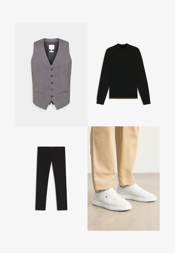 Gray vest with a v-neckline, six button front, two side pockets, and a smooth texture. Lined interior with a label showing brand name.; Black knit sweater with long sleeves and a high neck. Features a gold accent at the hem. Smooth texture and fitted design.; Black trousers made of fabric with a smooth texture. Features a button closure, belt loops, and side pockets. Standard straight-leg design.; White leather sneakers with a smooth finish, featuring round toe, lace-up design, and subtle logo detail on the side, paired with beige pants.