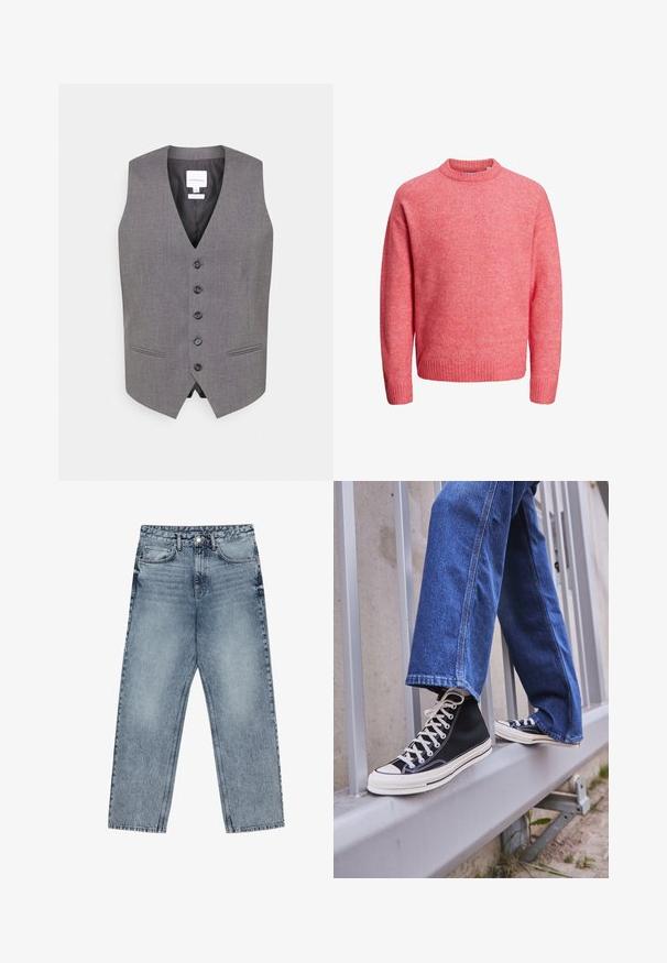 Grå väst med v-ringning, sex knappfront, två sidofickor och en slät yta. Fodrad insida med en etikett som visar varumärkesnamnet.; Mjukt rosa crew neck-tröja med långa ärmar och ribbade muddar samt nederkant, uppvisad på vit bakgrund.; Ljust blå denimjeans med rak benform, synliga sömmar, fem fickor och en knappstängning i midjan.; Svarta högskurna sneakers med vit sula och snören, tillsammans med lösa blå jeans, vilande på ett grått räcke.