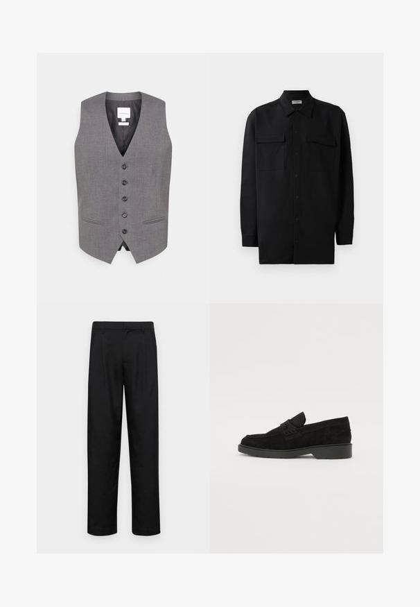Sivi prsluk s V-izrezom, prednjim dijelom na šest dugmadi, dva bočna džepa i glatkom teksturom. Obložena unutrašnjost s etiketom koja prikazuje naziv brenda.; Crna košulja s dugim rukavima od glatkog materijala, s klasičnom kragnom, dva prednja džepa i dugmadima na manžetama.; Crne hlače od glatkog materijala, s dizajnom ravnih nogavica, dva prednja nabora i standardnim pojasom s petljama za remen.; Crne samočiste čizme od nubuka s niskim potpeticama, s jednostavnom trakom na gornjem dijelu i teksturiranim detaljima uz bočne strane.