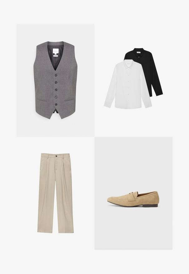 Harmaa liivi, jossa on V-pääntie, kuusi nappia edessä, kaksi sivutaskua ja sileä pinta. Vuorattu sisäosa, jossa on brändinimi näyttävä etiketti.; Valkoiset ja mustat pitkähihaiset paidat, joissa on terävät kaulukset, napit edessä ja sileä kangas. Tunnisteet näkyvillä sisäkauluksessa.; Beige-housut suoran leikkauksen omaavina, joissa on yksi musta nappi, vyölenkit ja sivutaskut. Sileä kangas ja minimalisti muotoilu.; Nappalon lofferit beigen värisinä, joissa on kevyt kiilto, pyöreä kärki, liukuva muotoilu ja matala ruskea korko. Huomaamaton ommelkoristelu.