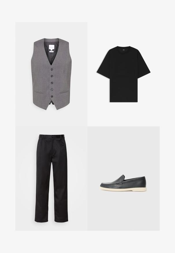 Graue Weste mit V-Ausschnitt, sechs Knöpfen auf der Vorderseite, zwei Seitentaschen und einer glatten Textur. Gefüttertes Innere mit einem Etikett, das den Markennamen zeigt.; Schwarzes Kurzarm-T-Shirt mit Rundhalsausschnitt, entspannt geschnitten und mit einem kleinen "BOSS"-Label im Innenkragen.; Schwarze Hosen aus glattem Stoff, mit einem Knopfverschluss vorne, Falten und geraden Beinen. Keine sichtbaren Muster oder Akzente.; Schwarze Leder-Slipper mit strukturiertem Finish und einer kontrastierenden beige Gummisohle. Mit einem dezenten Akzent an der Vorderseite.