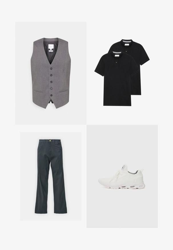 Graue Weste mit V-Ausschnitt, sechs Knöpfen auf der Vorderseite, zwei Seitentaschen und einer glatten Textur. Gefüttertes Innere mit einem Etikett, das den Markennamen zeigt.; Zwei schwarze Polohemden, kurzärmlig, aus Baumwolle, mit einem klassischen Kragen, zwei Knöpfen und weißen Streifenakzenten im Inneren des Kragens.; Schwarze Hose mit geradem Bein, aus einem Baumwollmix. Verfügt über einen Metallknopfverschluss und seitliche Taschen. Keine sichtbaren Muster.; Weiße Sportschuhe mit einem strukturierten Strickobermaterial, flachen Schnürsenkeln und einer gepolsterten Sohle mit sichtbaren Luftkammern für zusätzlichen Halt.