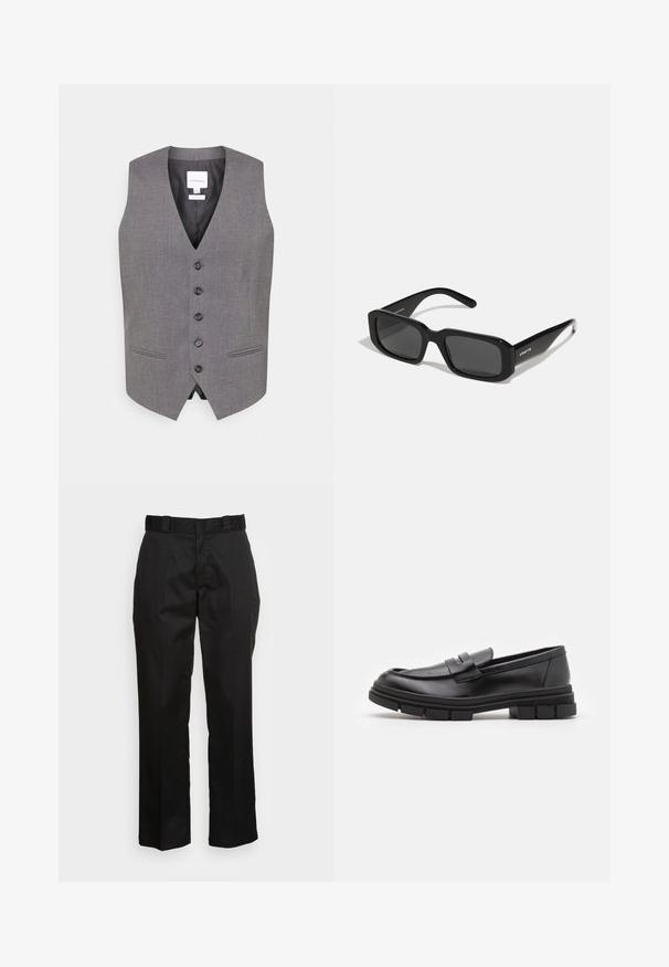 Szara kamizelka z dekoltem w kształcie litery V, z przodu na sześć guzików, dwoma bocznymi kieszeniami i gładką fakturą. Podszycie wewnętrzne z metką pokazującą nazwę marki.; Dwie koszulki o regularnym kroju, jedna czarna, a druga biała, wykonane z bawełny. Obie mają okrągły dekolt i krótkie rękawy. Prosty design, bez wzorów.; Czarne spodnie wykonane z gładkiego materiału, charakteryzujące się prostym krojem nogawki, pętelkami na pasek oraz dwoma bocznymi kieszeniami. Klasyczny wygląd bez ozdób.; Czarne skórzane mokasyny o gładkim wykończeniu, z paskiem na przodzie i masywną gumową podeszwą z rowkowaniem.; Arnette THEKIDD UNISEX - Okulary przeciwsłoneczne