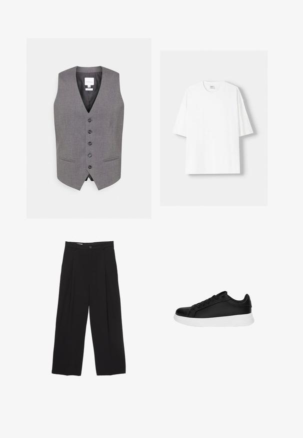 Graue Weste mit V-Ausschnitt, sechs Knöpfen auf der Vorderseite, zwei Seitentaschen und einer glatten Textur. Gefüttertes Innere mit einem Etikett, das den Markennamen zeigt.; Weißes kurzärmliges T-Shirt aus Baumwolle mit Rundhalsausschnitt und lockerer Passform. Glatte Textur, ohne sichtbare Muster oder Akzente.; Schwarze weit geschnittene Hose aus glattem Stoff, mit flachem Taillenbund, vorderen Falten und einer einzigen Knopfverschlus.; Schwarzer Sport Sneaker aus glattem Leder, mit weißer Gummisohle, runder Zehenpartie und sechslöcherigem Schnürsystem.