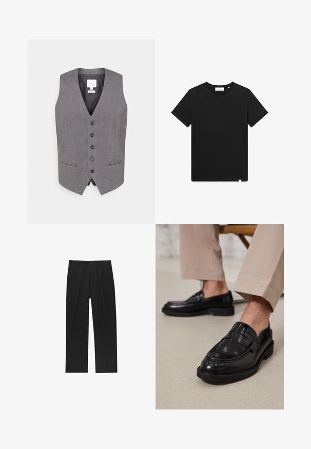 Harmaa liivi, jossa on V-pääntie, kuusi nappia edessä, kaksi sivutaskua ja sileä pinta. Vuorattu sisäosa, jossa on brändinimi näyttävä etiketti.; Lyhythihaine musta T-paita, joka on valmistettu puuvillasta. Paidassa on pyöreä pääntie ja pieni brodeerattu logo rinnassa. Sujuva rakenne, normaali istuvuus.; Mustat housut suoranlahkeisella muotoilulla, valmistettu sileästä kankaasta. Ominaisuuksiin kuuluu etupleateet ja yksi nappikiinnitys vyötäröllä.; Musta nahkakengät, joissa on sileä pinta, koristetasku ja kontrastisomistus, yhdistettynä vaaleanbeigeihin housuihin.