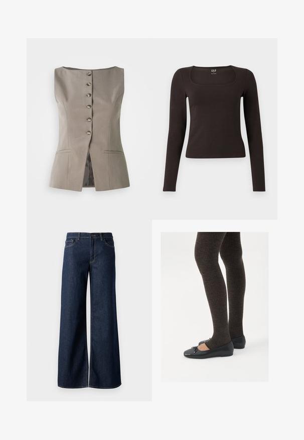 Colete castanho sob medida com gola alta, seis botões na frente, dois bolsos frontais e uma silhueta ligeiramente evasé.; Top preto de mangas longas, ajustado, com decote quadrado, da marca GAP, exibido sobre um fundo branco.; Jeans de perna larga em denim azul escuro. Apresenta costura em contraste, cinco bolsos e um fecho de botão na cintura. Textura lisa.; Sapatos planos pretos com um pequeno laço na ponta, emparelhados com meias-calças caneladas castanhas escuras. Os sapatos têm uma textura suave e um design discretamente baixo.