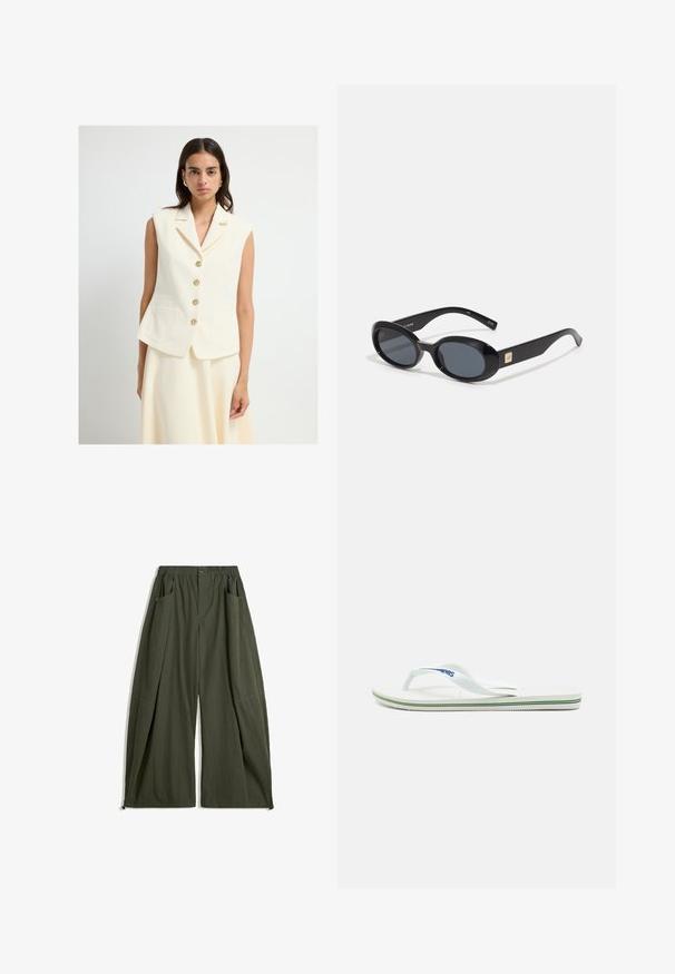 Kremowy bezrękawnik z wyciętym kołnierzem, zapięcie z przodu na pięć złotych guzików oraz dwie przednie kieszenie. Gładka faktura i dopasowany krój.; Biała koszula z długim rękawem, zapinana na guziki, z szpiczastym kołnierzykiem i zaokrąglonym dołem, wyeksponowana na jednolitym tle.; Szerokie spodnie w odcieniu oliwkowym, wykonane z materiału, z elastycznym paskiem w talii, dwoma bocznymi kieszeniami oraz fakturowanym wykończeniem.; Białe klapki z fakturowaną wkładką, cienkimi paskami i wielokolorowym akcentem na podeszwie. Posiadają logo na pasku.; Czarne owalne okulary przeciwsłoneczne z ciemnymi soczewkami, błyszcząca plastikowa oprawka, szerokie zauszniki i mały złoty akcent z jednej strony.
