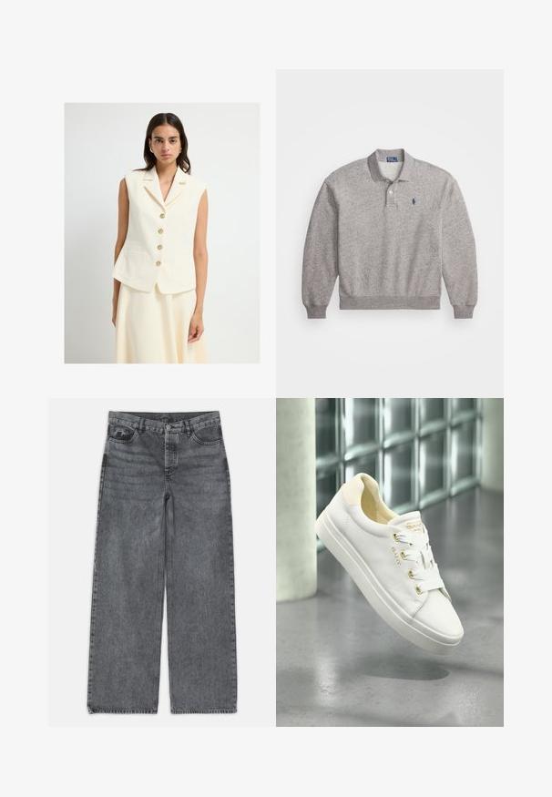 Kremowy bezrękawnik z wyciętym kołnierzem, zapięcie z przodu na pięć złotych guzików oraz dwie przednie kieszenie. Gładka faktura i dopasowany krój.; Szary sweter polo z mieszanki bawełny, z długimi rękawami, kołnierzykiem, zapięciem na dwa guziki oraz małym logo wyhaftowanym na piersi.; Jeans typu wide-leg w ciemnoszarej dżinsowej tkaninie. Posiadają wysoki stan, pięć kieszeni oraz zapięcie na guzik z przodu. Gładka faktura z delikatnym przetarciem.; Białe skórzane sneakersy o gładkiej teksturze, okrągłym nosku i płaskiej podeszwie. Zawierają złote akcenty i białe sznurówki dla pewnego zapięcia.