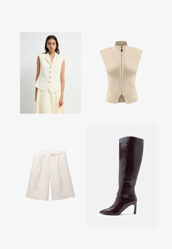 Top senza maniche color crema con colletto a punte, chiusura frontale con cinque bottoni dorati e due tasche frontali. Texture liscia e vestibilità sagomata.; Giacchino beige senza maniche con colletto alto e zip centrale. Tessuto liscio con una forma strutturata e orlo spaccato nella parte inferiore.; Pantaloni corti in lino beige con gamba larga, caratterizzati da pince frontali e una cintura liscia. Il tessuto ha una finitura leggermente testurizzata.; Stivali alti in pelle marrone con punta affusolata, tacco a stiletto e una fascia decorativa con fibbia attorno alla caviglia. Texture liscia.