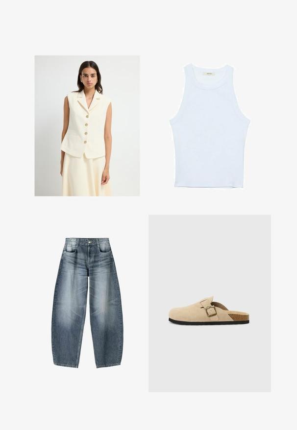 Cremefarvet ærmeløs vest med klapkrave, fem guldknaplukninger foran og to forlommer. Glat tekstur og skræddersyet pasform.; Hvid tanktop, ribbet tekstur, rund halsudskæring, ærmeløs design, tætsiddende form, diskret branding på mærket inden i kraveområdet.; Bredde jeans lavet af lyseblå denim med falmning, der har et fem-lomme design, knaplukning og minimale syninger.; Beige ruskinds-sandaler med korkfodseng, rund tå og en enkel rem med en guldfarvet spænde. Gummisål for godt greb.
