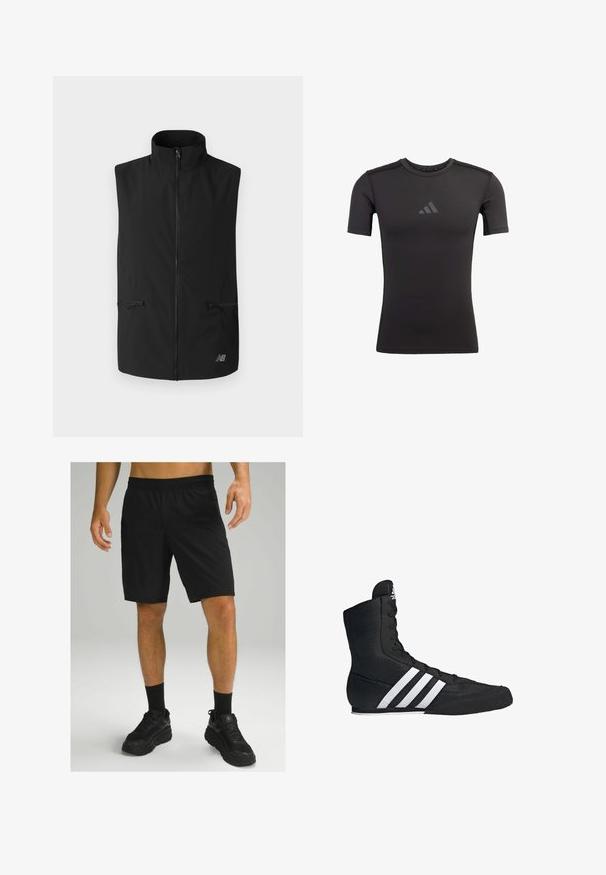 Crni bezrukavnik, s visokim ovratnikom, punim prednjim zatvaračem, dva džepa sa zatvaračem i logotipom na donjem desnom dijelu. Glatka tekstura.; Crna sportska majica napravljena od rastezljivog materijala. Ima kratke rukave i okrugli izrez. Suptilan logo je otisnut na grudima.; Crne atletske kratke hlače s elastičnom gumom u struku, izrađene od laganog materijala. Uparene s crnim čarapama i robusnim crnim tenisicama.; Crna visoka atletska cipela s teksturiranim tekstilnim gornjim dijelom, s tri bijele pruge i dizajnom s vezicama sprijeda. Ravni gumeni potplat na dnu.