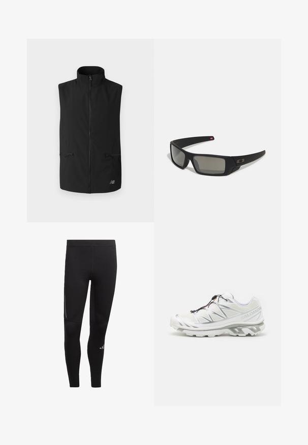 Must have sleeveless vest, mille kõrge krae, täispikk eeslukk, kaks lukuga taskut ja logo alumisel paremal küljel. Sile tekstuur.; Must musta varrukatega pullover, millel on poole tõmblukuga kaelus, valmistatud siledast ja venivast kangast, millel on rindkere peene logo.; Mustad mustad spordileggingsid venivast materjalist, millel on kõrge vöökoht, peegeldavad aktsendid ja logo pahkluu lähedal. Sile tekstuur.; Valge spordijalats, millel on tekstuuriga pealispind, peegeldavad detailid ja hall tallaosa. Omab rõhutatud kolmnurkseid mustreid ja kiire-kummutusmehhanismi.; Mustad mustaga viimistlusega prillid, ristkülikukujulised läätsed, templite kerge kõverus, diskreetne logo detail ja suitsutatud läätsed.