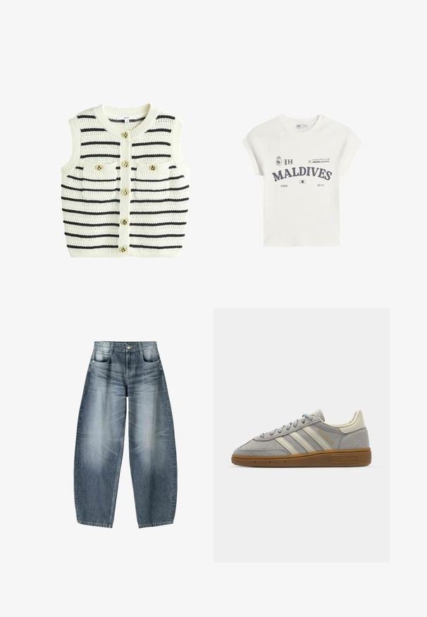 Strik uden ærmer i off-white med sorte striber, med rund halsudskæring, to forlommer og detaljer med guldtonede knapper.; Hvid bomulds t-shirt med korte raglanærmer. Fjerder "MALDIVES" grafisk tryk i mørkegrå, sammen med logoer og datoerne 2008 og 2014.; Bredde jeans lavet af lyseblå denim med falmning, der har et fem-lomme design, knaplukning og minimale syninger.; Grå suedet sko med lysegrå læderstriber og en gummigummisole. Funktioner inkluderer snørebåndslukning og subtil branding på tungen.