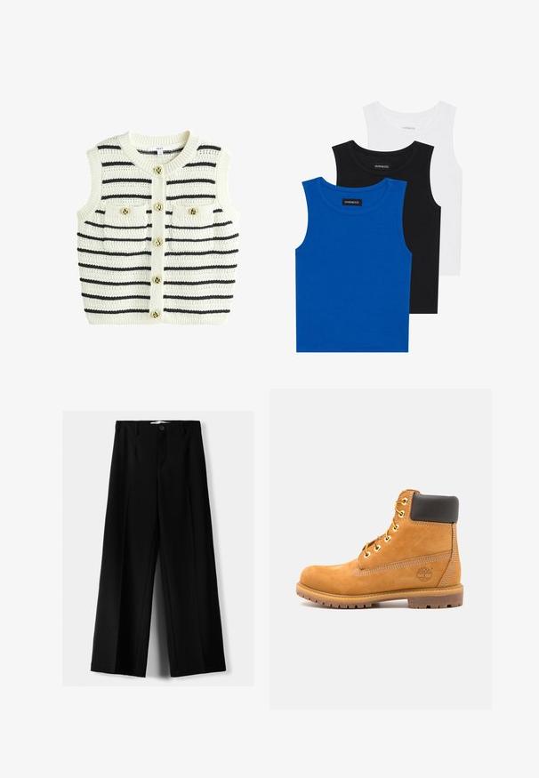 Strik uden ærmer i off-white med sorte striber, med rund halsudskæring, to forlommer og detaljer med guldtonede knapper.; Tre ærmeløse skjorter i blå, sort og hvid. Stoffet er ribbet med en rund halsudskæring. Hver skjorte har et mærke med teksten "even&odd."; Sorte brede bukser lavet af letvægtsstof, med frontknaplukning og glat front, samt pænt syede kanter.; Brune læder ankelstøvle med sort polstring, gyldne øsken og en tekstureret sål. Har et cirkulært logo på siden og synlige syninger.