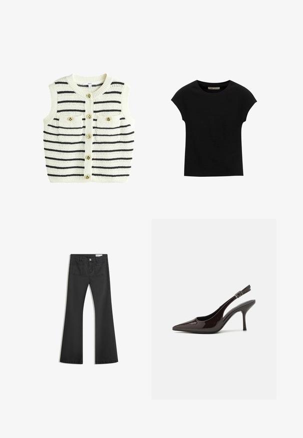 Bezrękawnik z dzianiny w kolorze ecru z czarnymi paskami, z okrągłym dekoltem, dwiema kieszeniami z przodu i detalami z złotego koloru przy guzikach.; Czarna koszulka z krótkim rękawem, wykonana z miękkiego materiału, z okrągłym dekoltem i luźnym krojem, o gładkiej fakturze i bez wzorów.; Czarne dżinsy w fasonie z dzwonami, wykonane z denimu o gładkiej teksturze, z dwiema tylnymi kieszeniami i zapięciem na guzik w talii.; Sandały na obcasie typu slingback z błyszczącej ciemno-brązowej lakierowanej skóry, w szpic, z otwartymi bokami i regulowanym paskiem wokół kostki.
