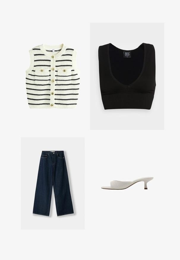 Pletený bezrukávový sveter v off-white farbe s čiernymi pruhmi, s okrúhlym výstrihom, dvoma prednými vreckami a zlatými gombíkovými detailmi.; Čierny rebrovaný crop top s širokými ramienkami a hlbokým V-výstrihom. Štítok znie "BDG," veľkosť malá, s hladkou textúrou a priliehavým strihom.; Tmavomodré, široké džínsy vyrobené z denimovej látky. Obsahujú päť vreciek, zapínanie na gombík a zips, a detaily s kontrastným švom.; Biele sandále s otvorenými prstami a zakriveným dizajnom, s nízkym podpätkom, hladkou textúrou a jemným prešitým vzorom. Hnedý akcent na základni podpätku.