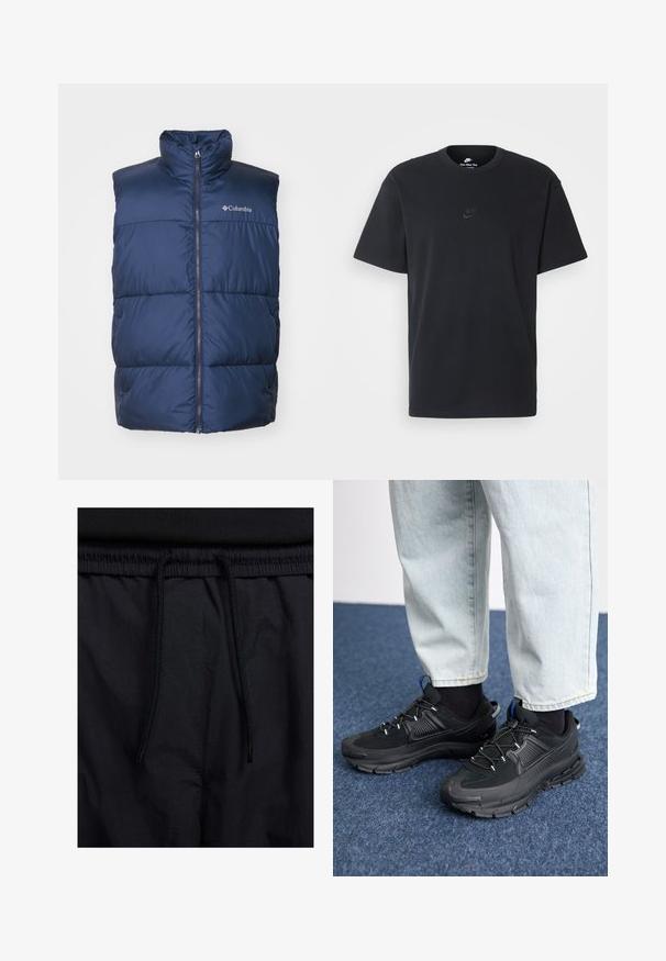 Columbia PUFFECT VEST - Liemenė - collegiate navy; Juodas medvilninis Nike marškinėliai su klasikinėmis apykaklėmis, trumpomis rankovėmis ir subtiliu, įspaustu logotipu ant krūtinės. Sklandus tekstūra.; Juodos šortai su raišteliu juosmens srityje, lengva medžiaga su lygiu paviršiumi ir paprastas dizainas be matomų logotipų ar raštų.; Juodi sportiniai bateliai su tekstūruota medžiaga ir guminiais padais, su elastingomis raišteliais ir mėlynu akcentu ant kulno. Dėvimi su šviesiai mėlynomis džinsinėmis kelnėmis.